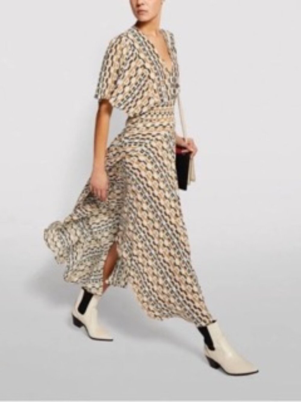 Maje Asymmetric Maxi Dress Sz 40 M Geometric V Neck Smocked Waist Holiday